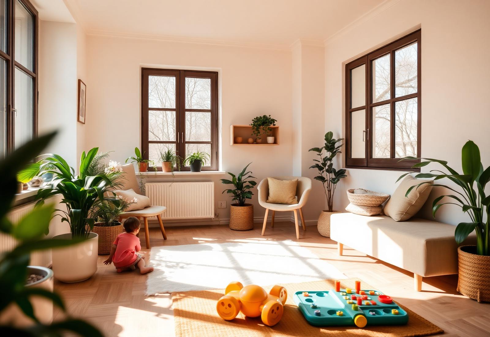 Helle, einladende Therapiepraxis mit Pflanzen und Spielmaterial